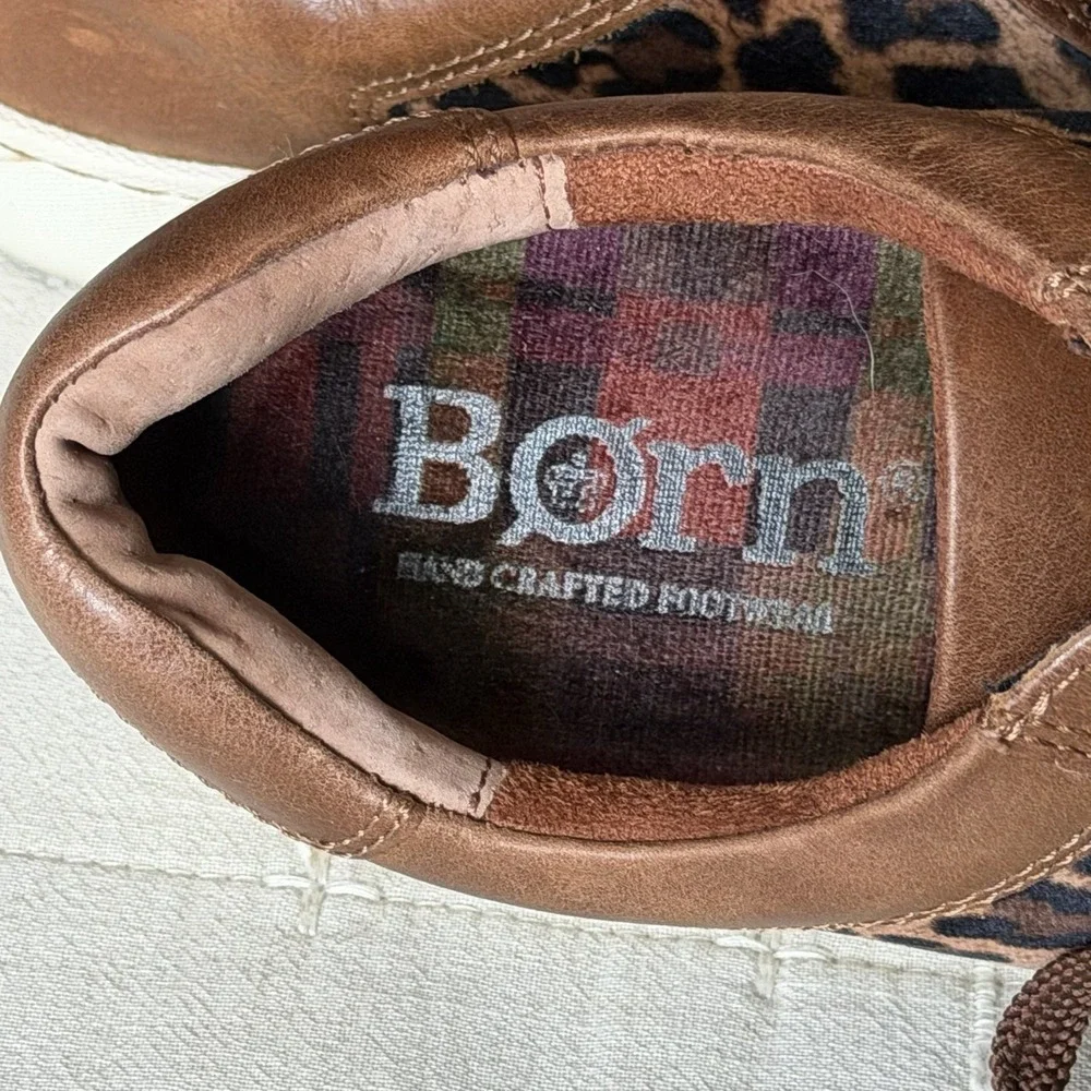 Born Sneaker Shoes Womens 7 Brown Black Leopard Print Leather Velvet Round Toe - Picture 6 of 8
